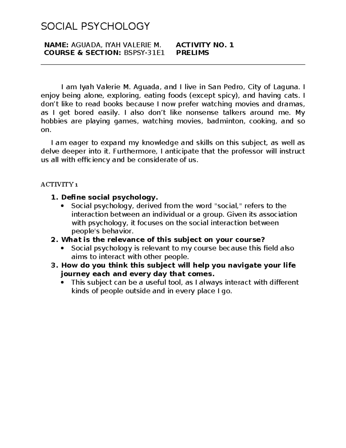 SP PA1 Aguada - YRTY - SOCIAL PSYCHOLOGY NAME: AGUADA, IYAH VALERIE M ...