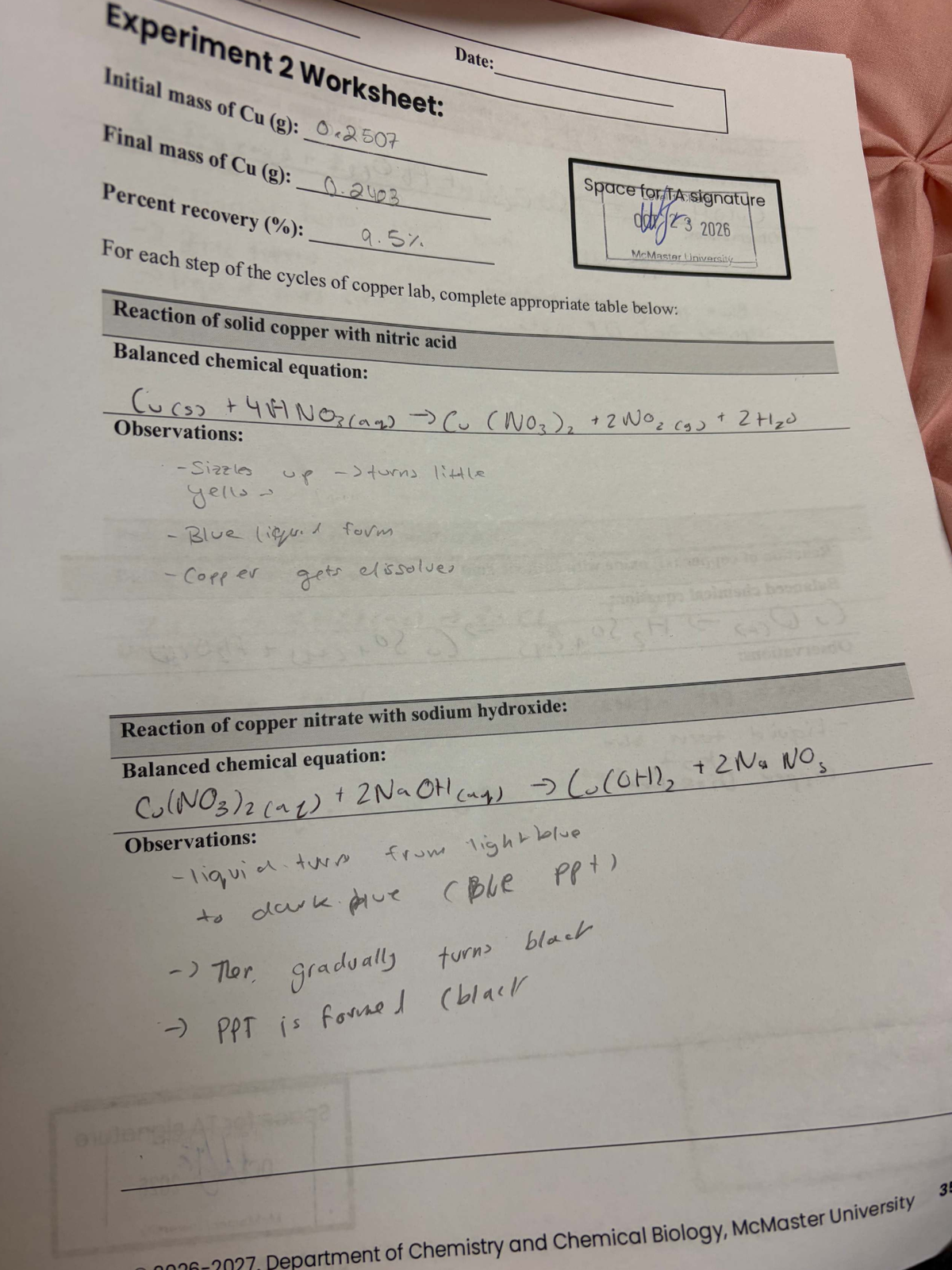 Chemistry 2026 Experiment 2 Worksheet: Copper Reactions Analysis - Studocu