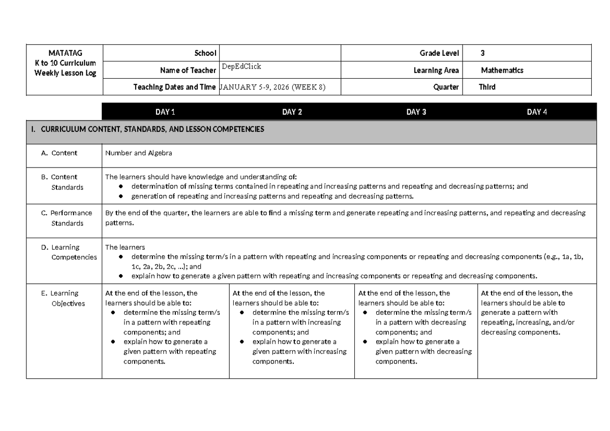 MATH 3 DLL Q3 W8 - Weekly Lesson Log on Patterns and Algebra - Studocu
