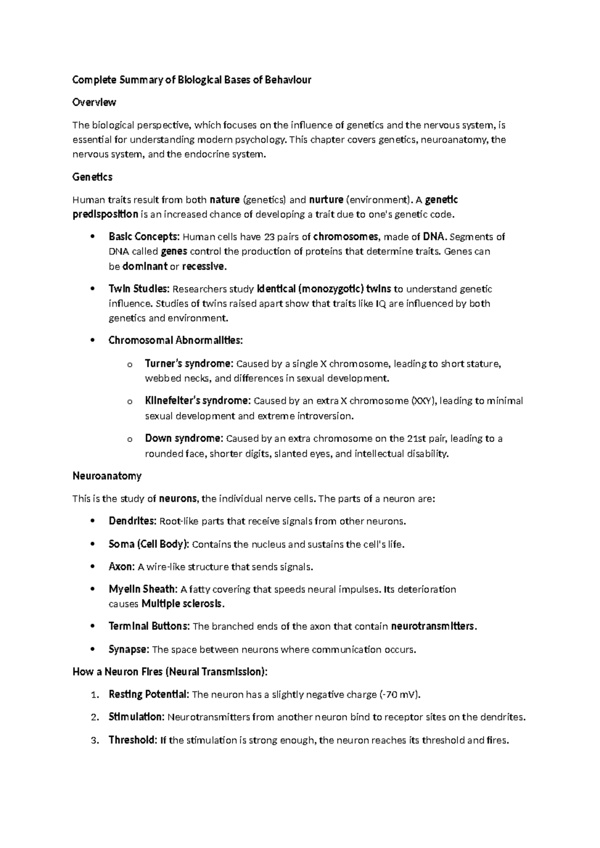 Biological Bases of Behaviour: Complete Summary (PSY 101) - Studocu