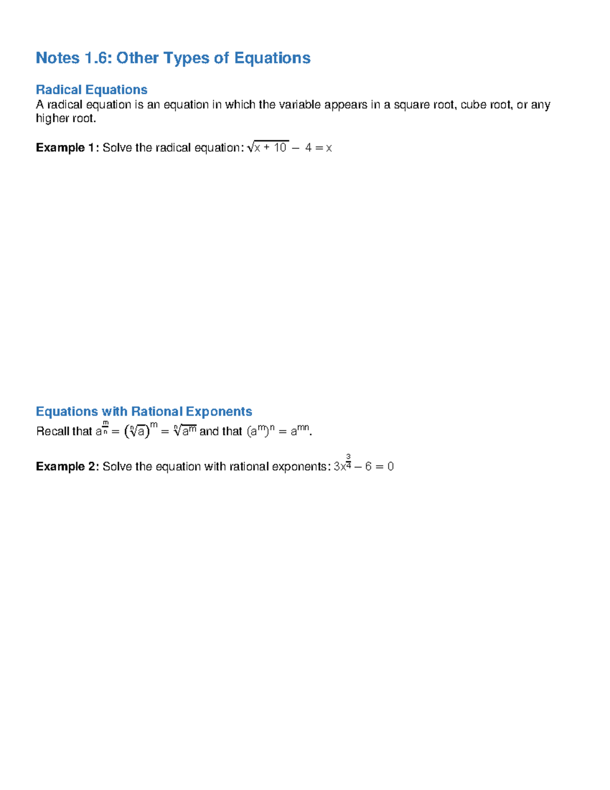 Math 1314 Notes 1.6: Radical & Rational Exponent Equations - Studocu