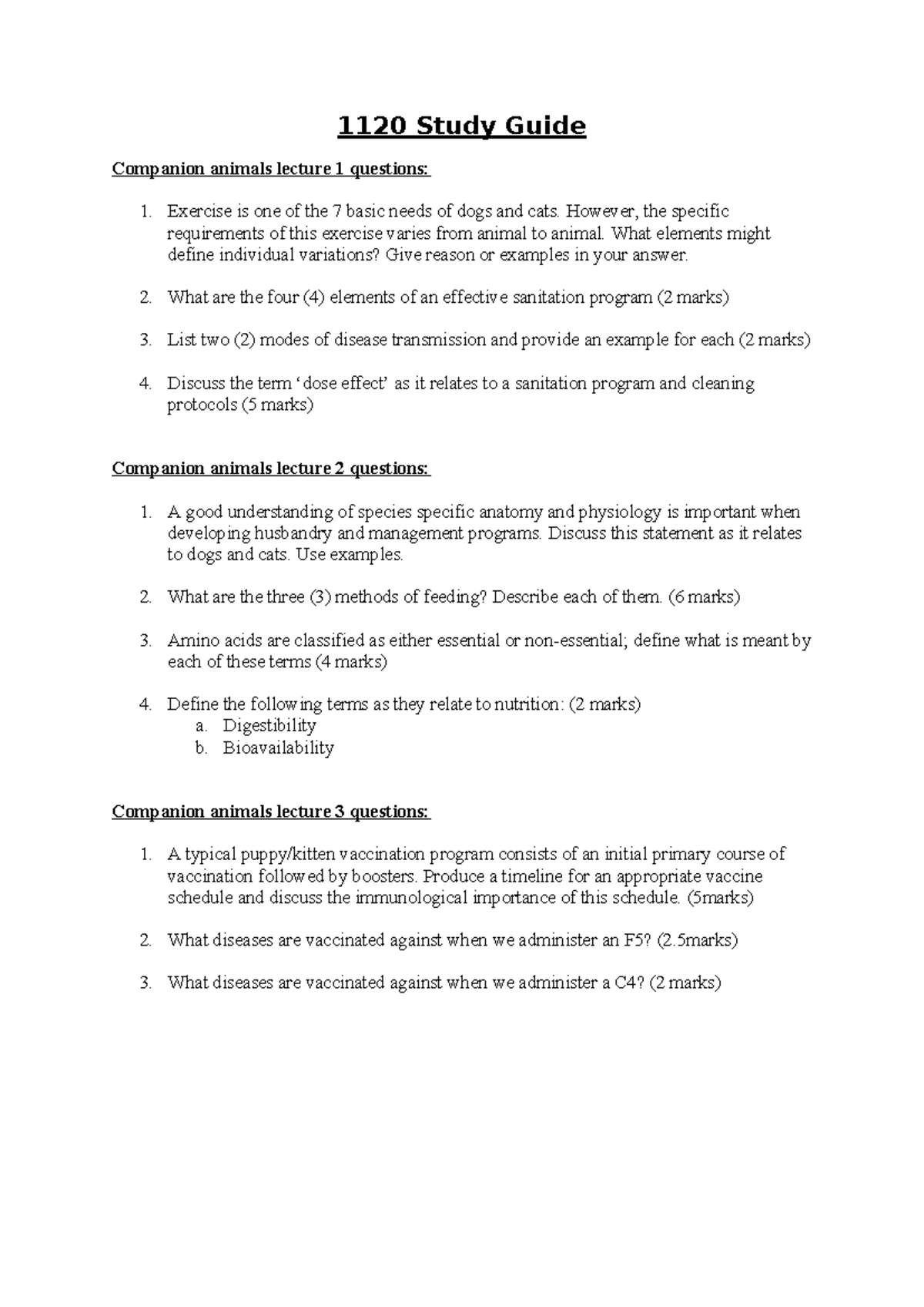 1120 Study Guide: Companion Animals Lecture Questions and Answers - Studocu