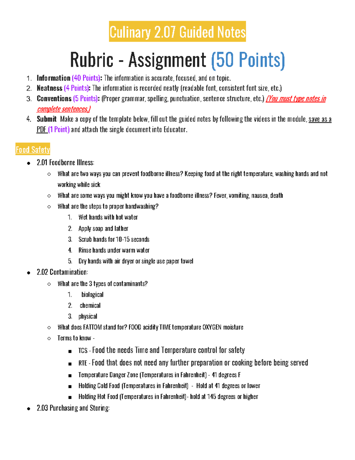 Culinary 2 - food - Culinary 2 Guided Notes Rubric - Assignment (50 ...