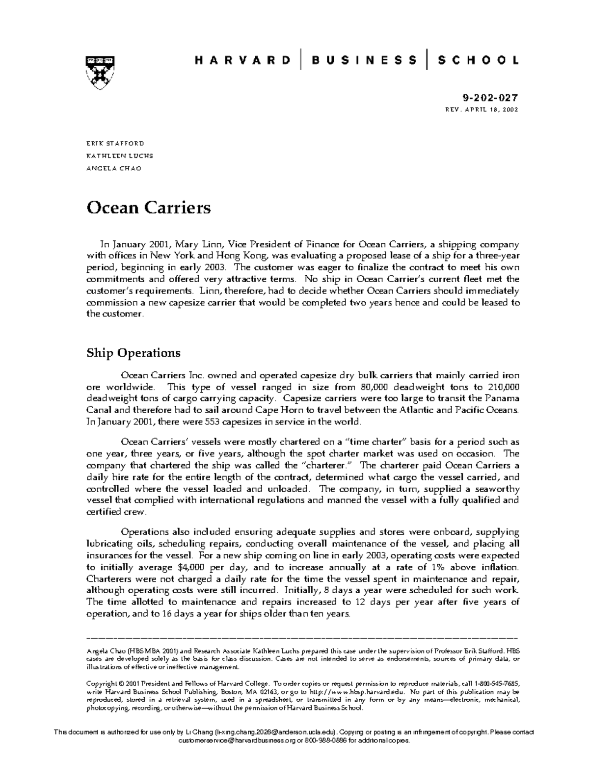 Ocean Carriers Case Study (MGMT408) - Decision on New Ship Lease - Studocu