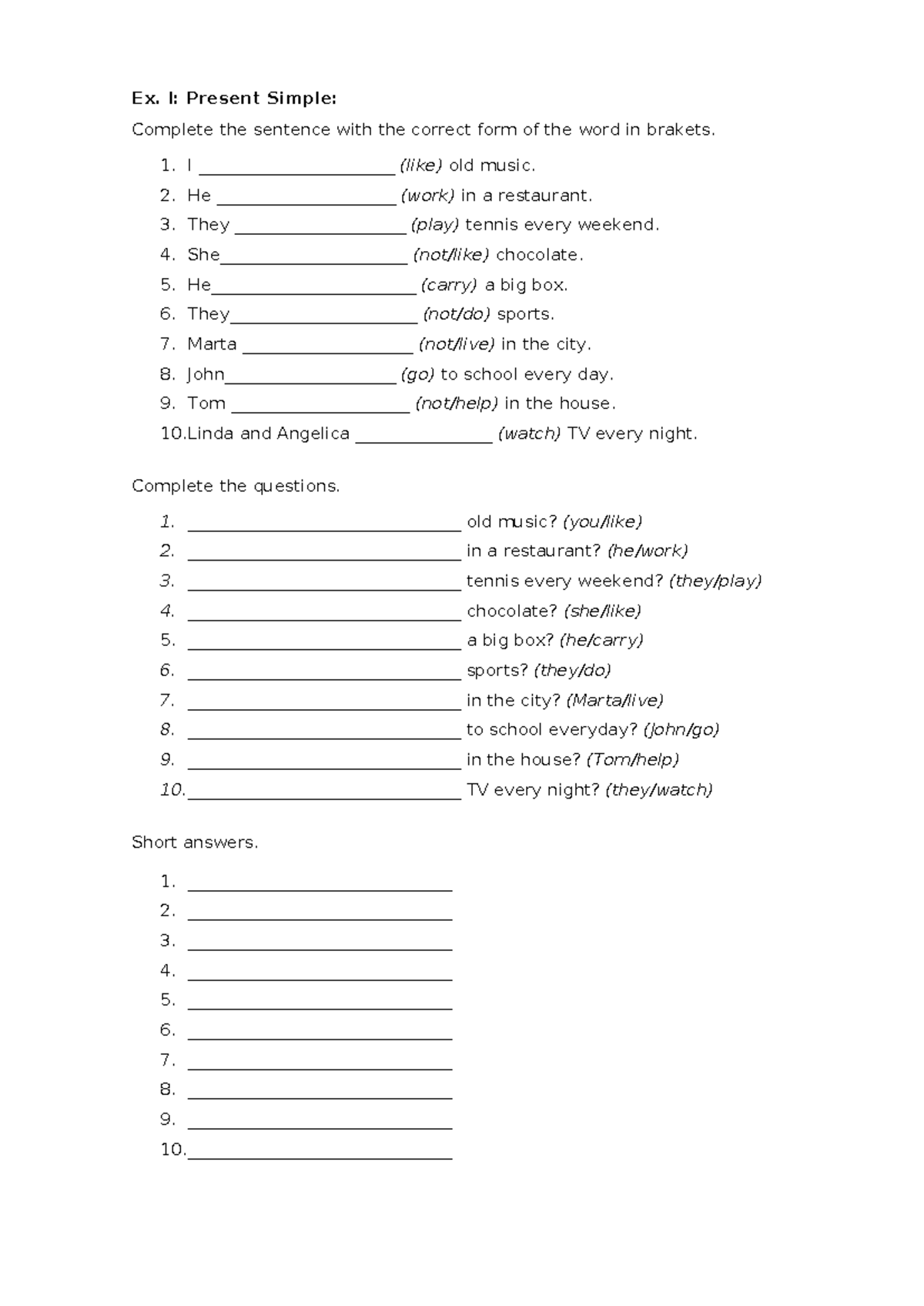Ex. 1: Present Simple - Complete the Sentences and Questions - Studocu