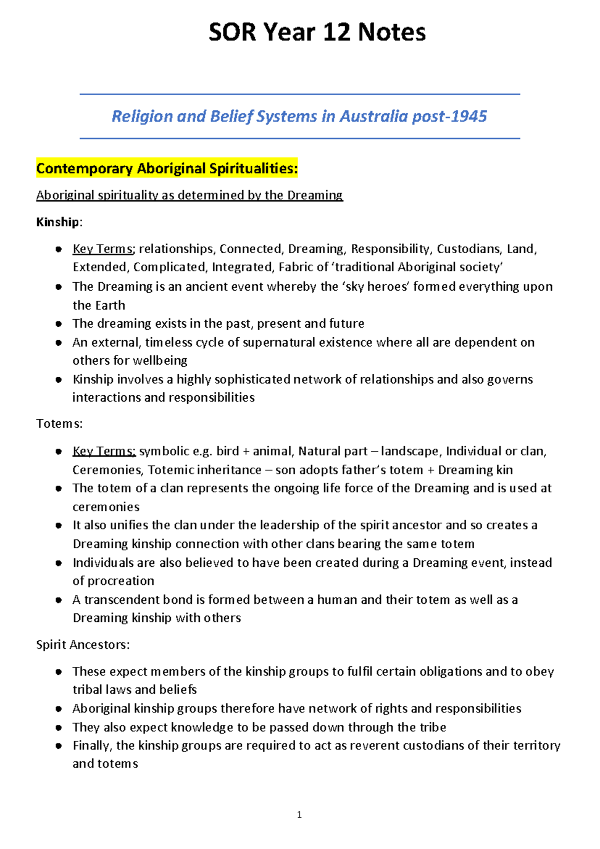 SOR Year 12 Notes: Religion and Belief Systems in Australia Post-1945 ...