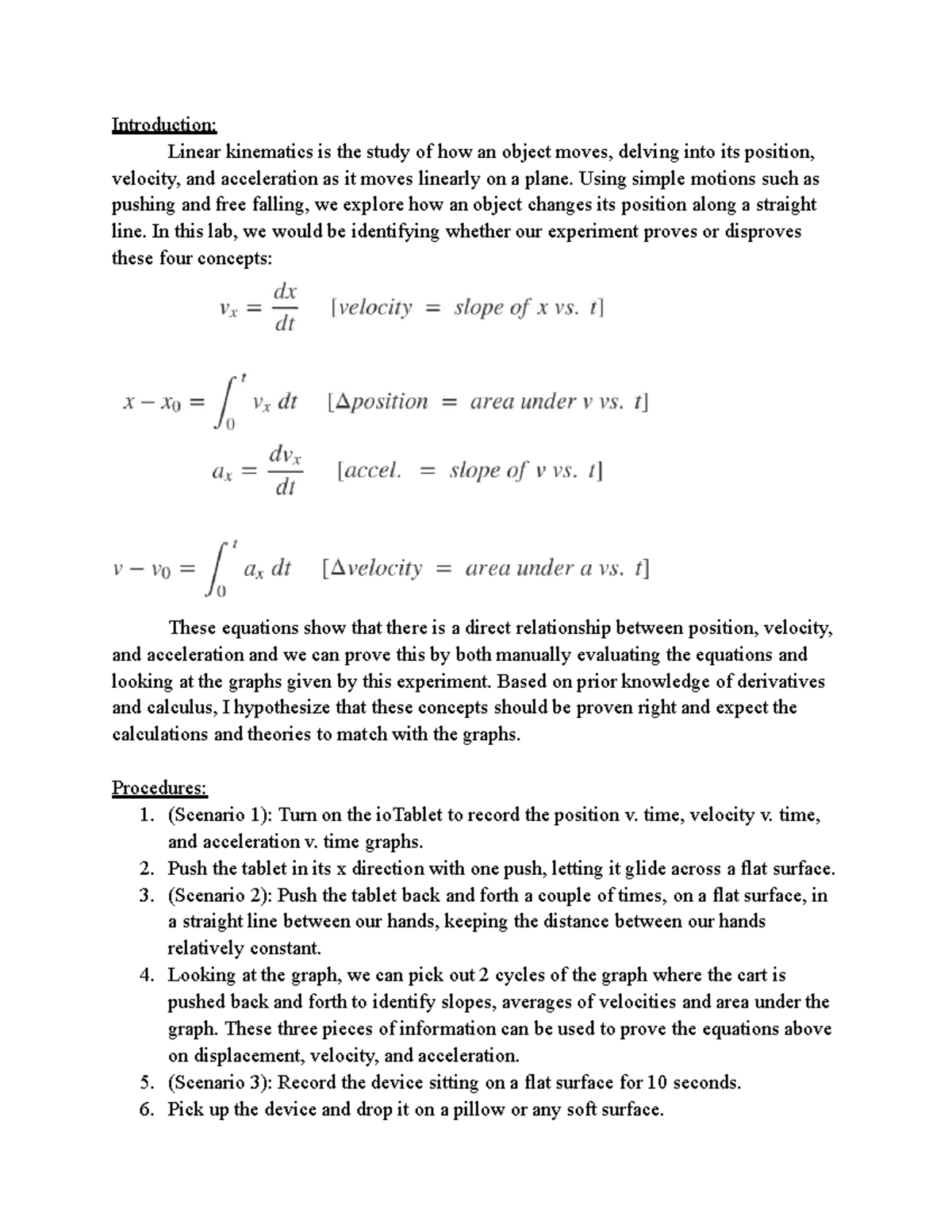 Lab 1 - Kinematics: Exploring Motion, Velocity, and Acceleration - Studocu
