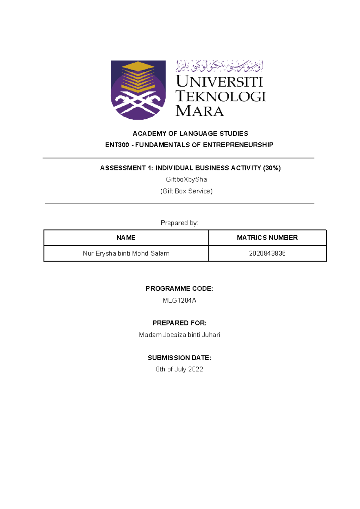 Individual Business Activity ENT300 - ACADEMY OF LANGUAGE STUDIES ...