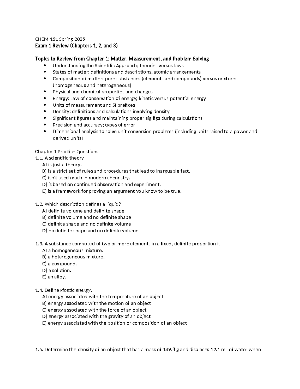 CHEM 161 Spring 2025 Exam 1 Review: Key Concepts from Chapters 1-3 ...