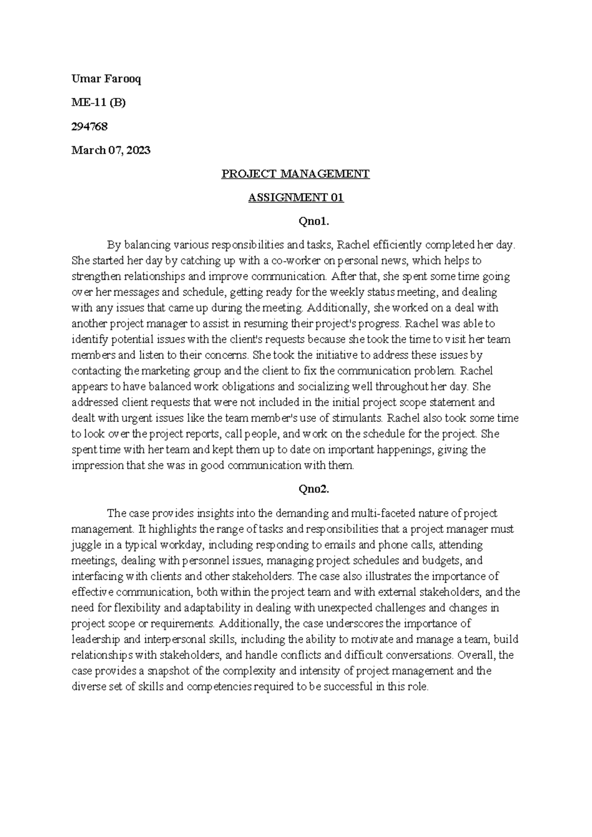 ME-11 Project Management Assignment 01: Insights on Project Roles - Studocu