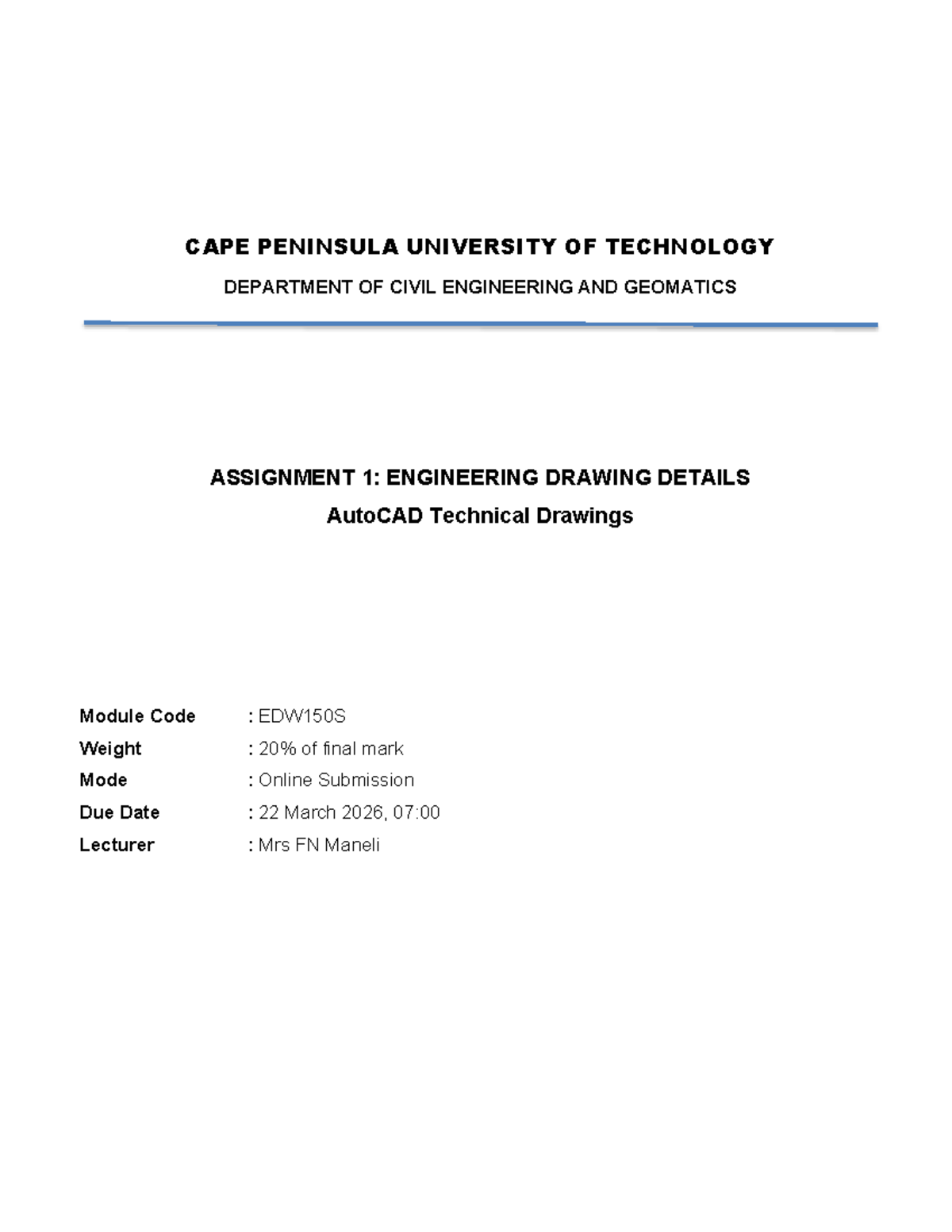 DRA260S - Assignment 1: Engineering Drawing Details in AutoCAD - Studocu