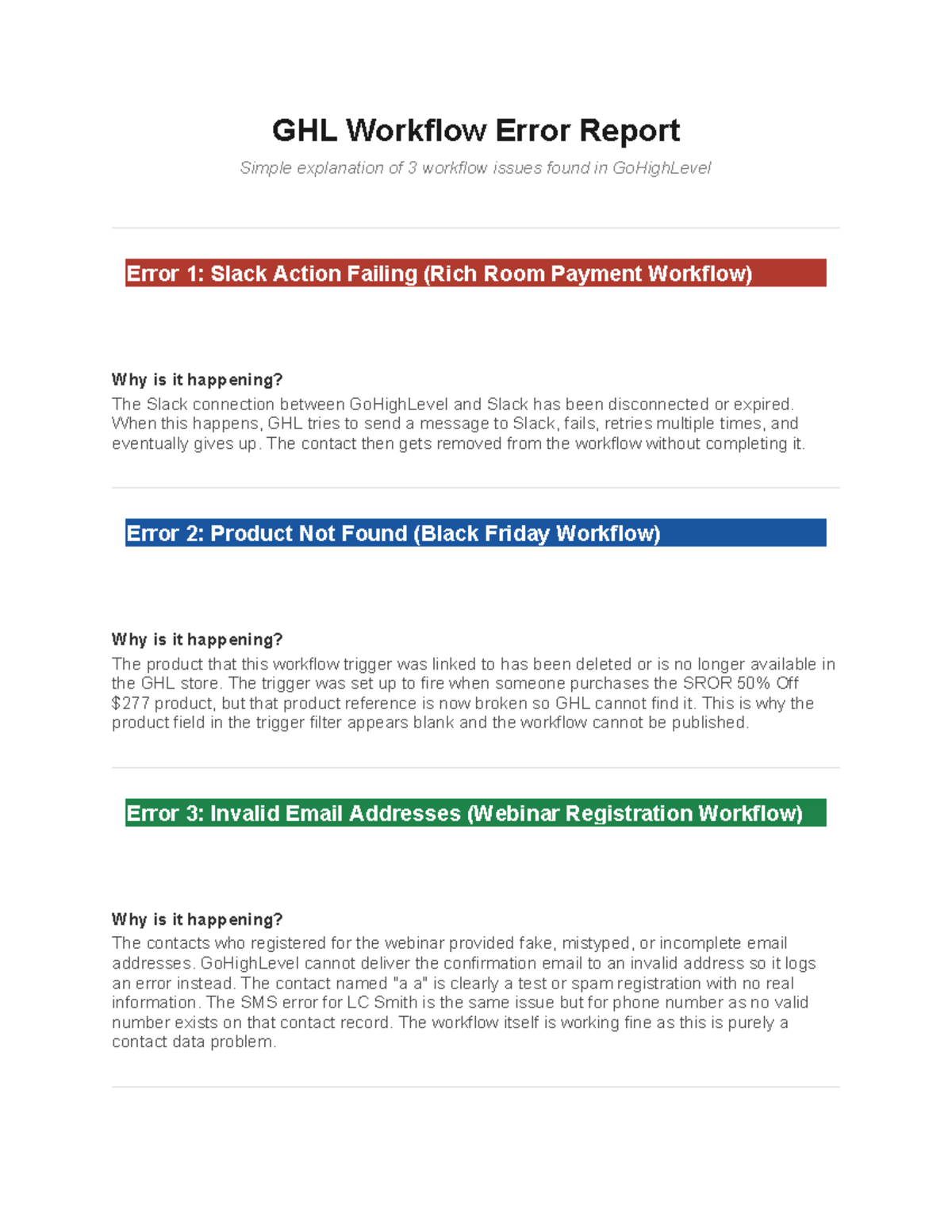 GHL Workflow Errors Report: Analysis of 3 Key Issues - Studocu