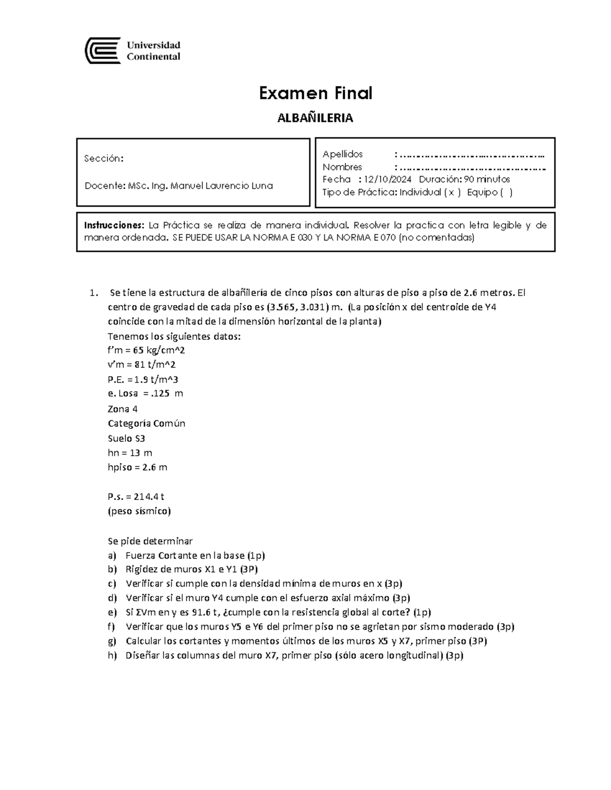 Examen Final ALBAÑILERIA 2024 - Sección GQT - Document Preview