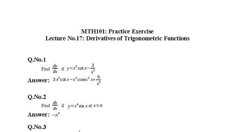 MTH101: Lecture 17 Practice Exercise on Trigonometric Derivatives - Studocu