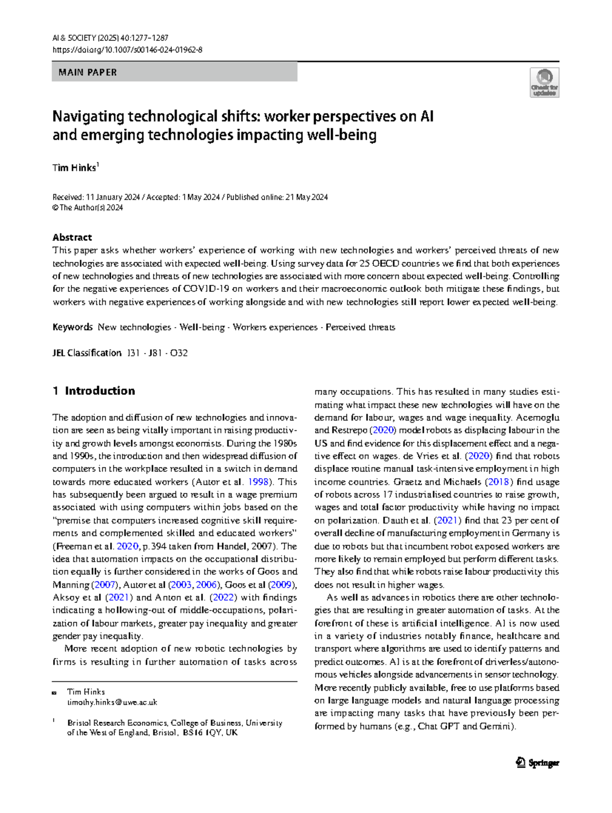 AI SOCIETY (2025) MAIN PAPER: Worker Perspectives on AI & Tech Impacts ...