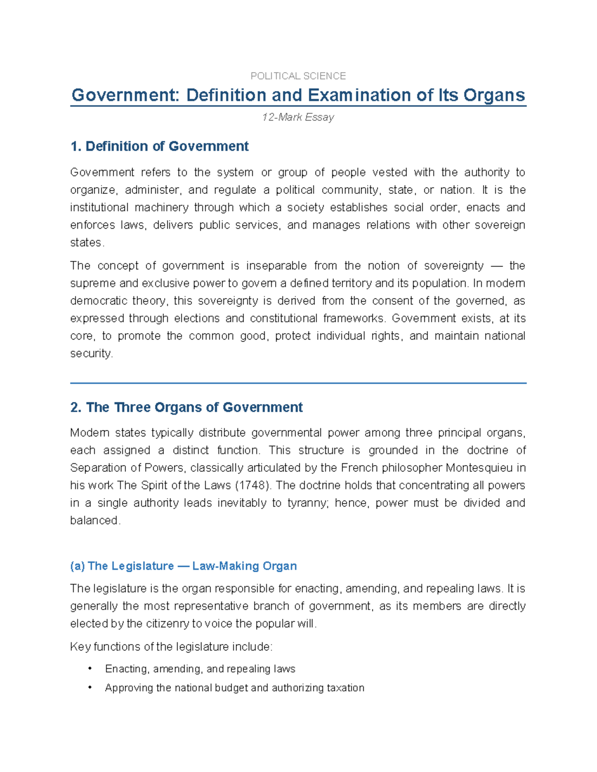 POLITICAL SCIENCE Government Organs: Definition & Functions Essay - Studocu