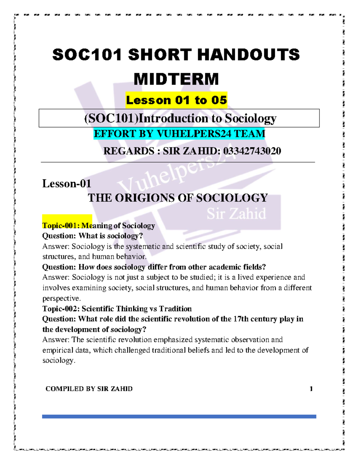 SOC101 Short Handouts Midterm Notes Compiled By Sir Zahid - SOC101 ...