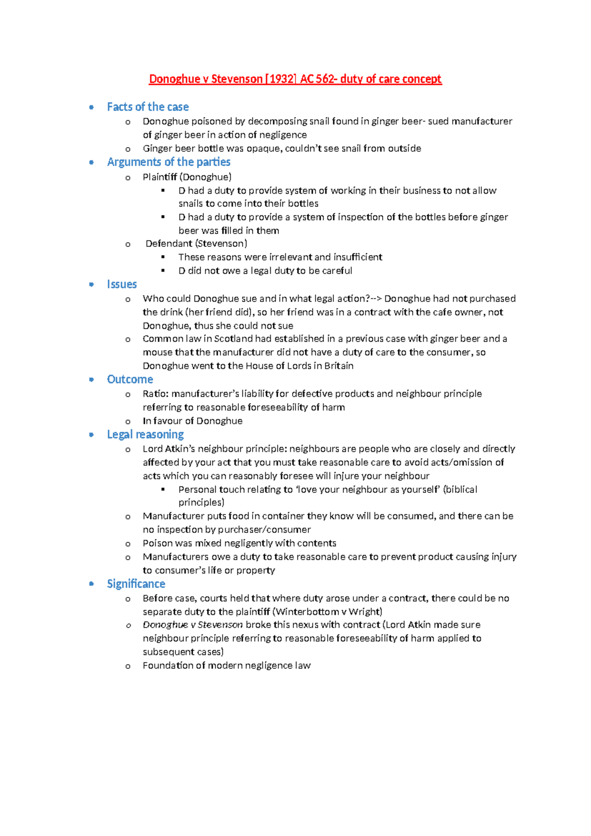 LAWS1061 - Case Summary: Donoghue v Stevenson and Duty of Care - Studocu