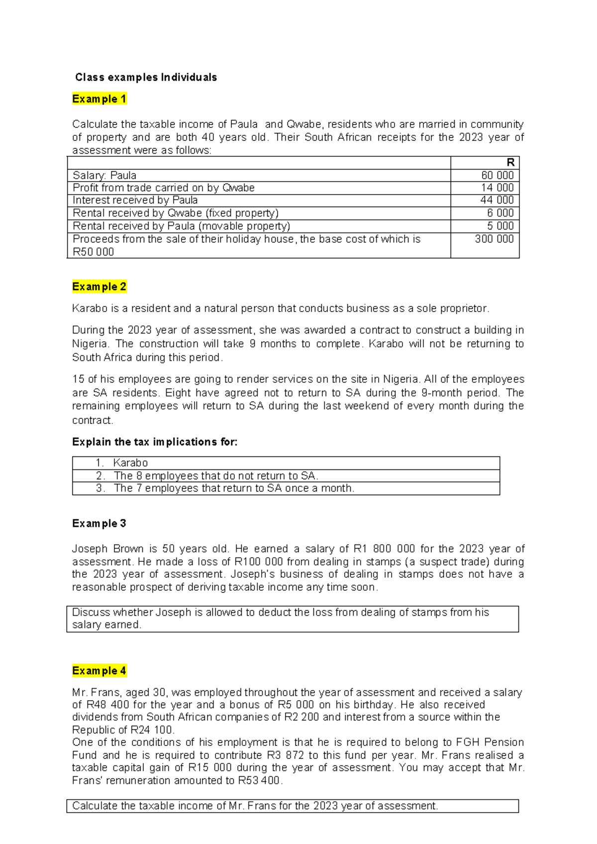 Class Examples: Individuals Tax Calculations for 2023 Assessment - Studocu