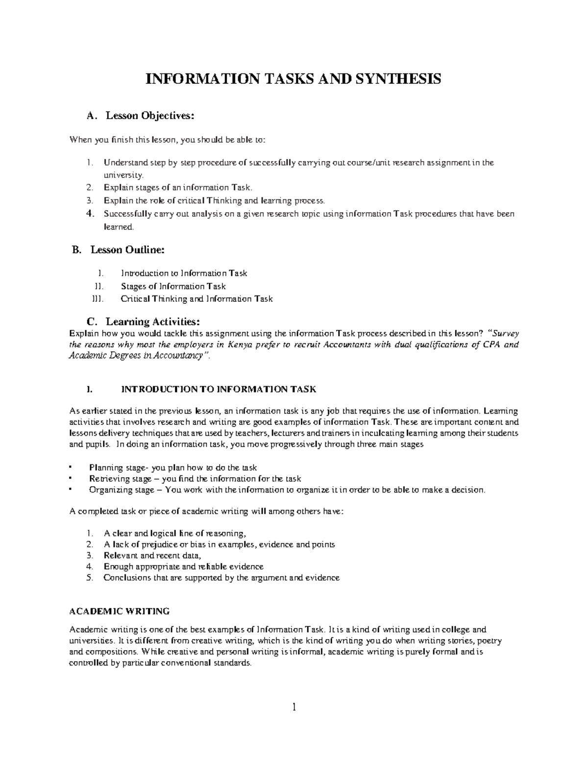 Topic 3: Academic Writing & Information Tasks - Lesson Overview - Studocu