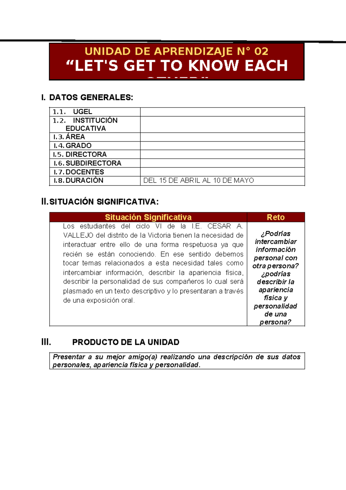 UDA 2 PREA1 - unidad de aprendizaje - I. DATOS GENERALES: 1. UGEL 1 ...
