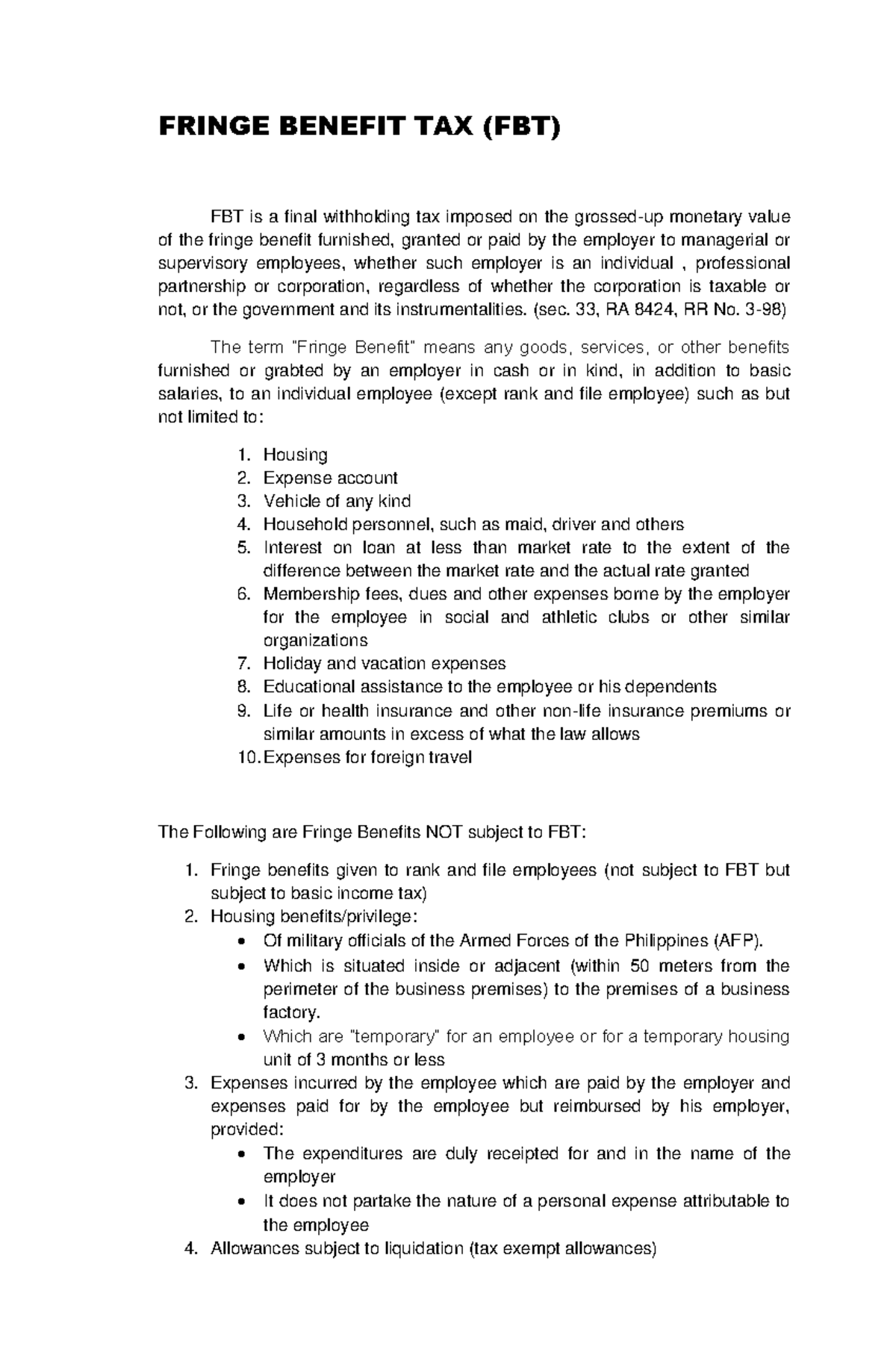 FBT Overview and Key Concepts: Final Tax on Fringe Benefits - Studocu