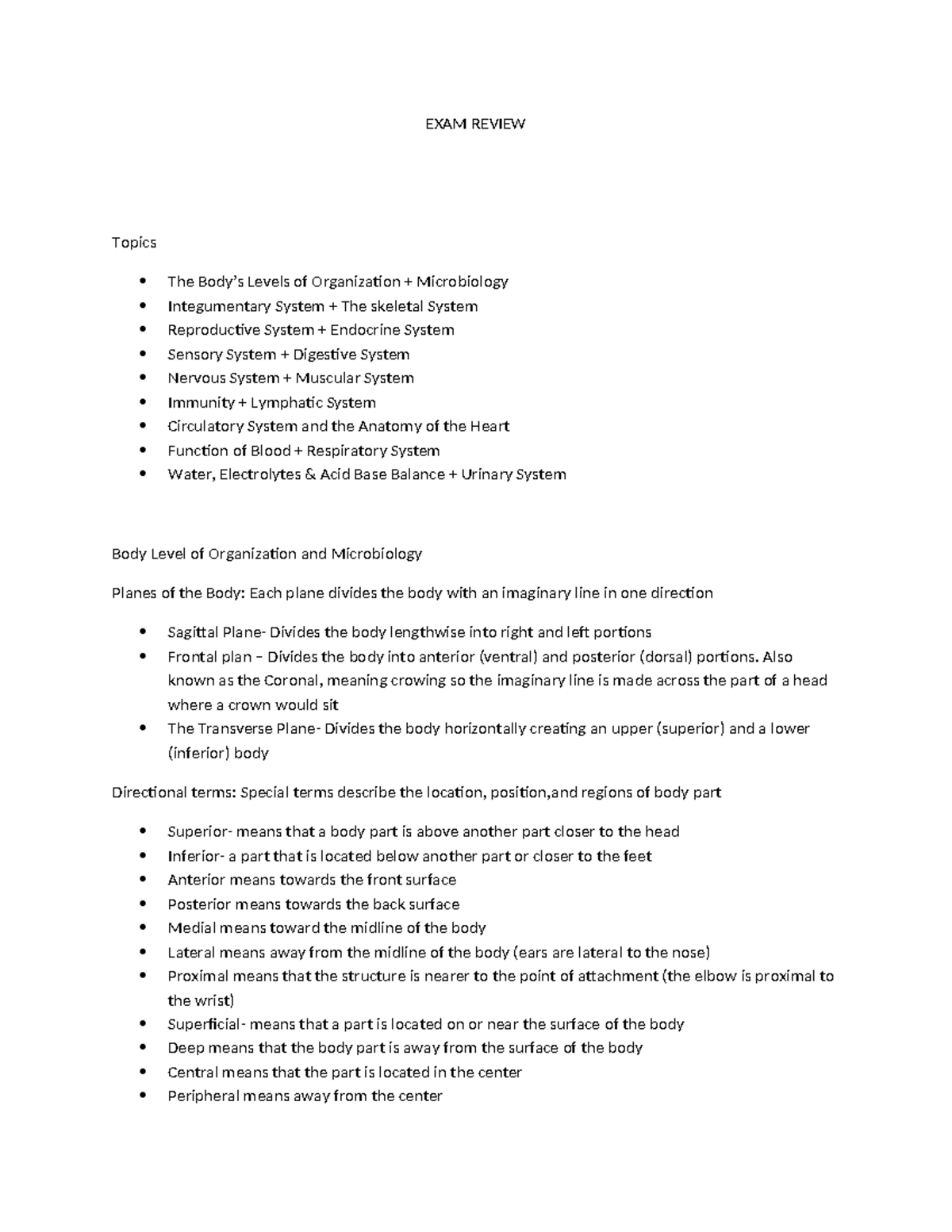 EXAM Review: Body Systems & Microbiology Concepts - Study Guide - Studocu