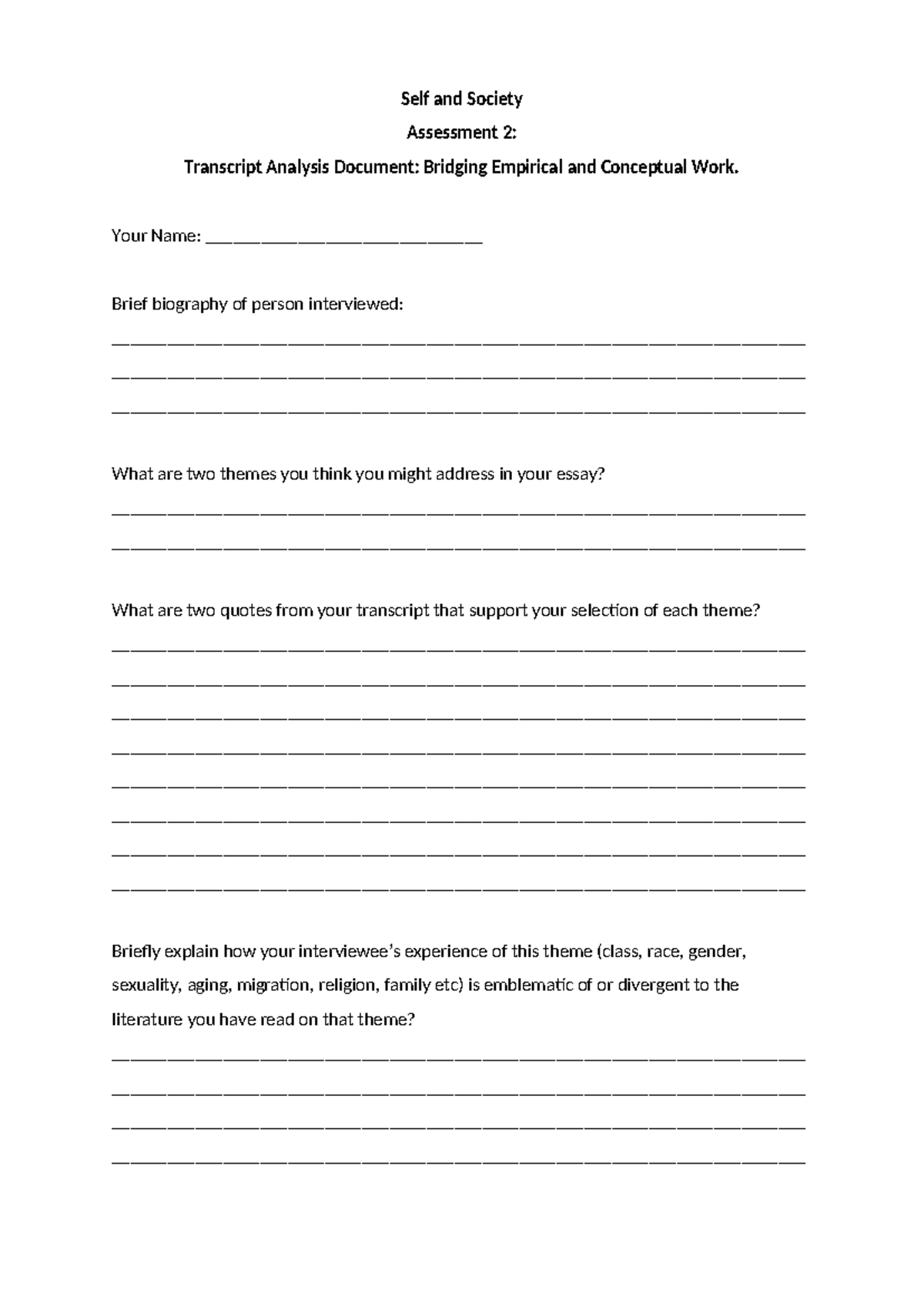 Self and Society A2: Transcript Analysis & Themes Exploration - Studocu