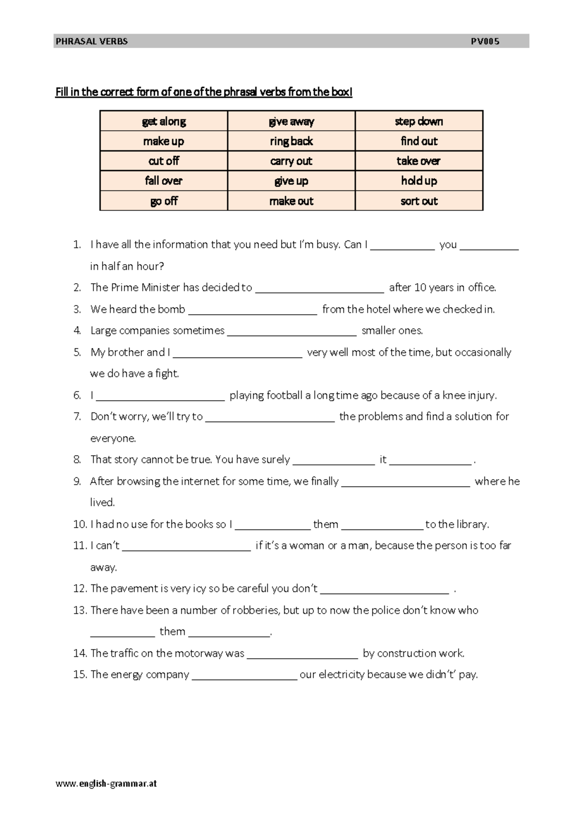 Phrasal Verbs Practice with Answers - English Grammar PV Guide - Studocu
