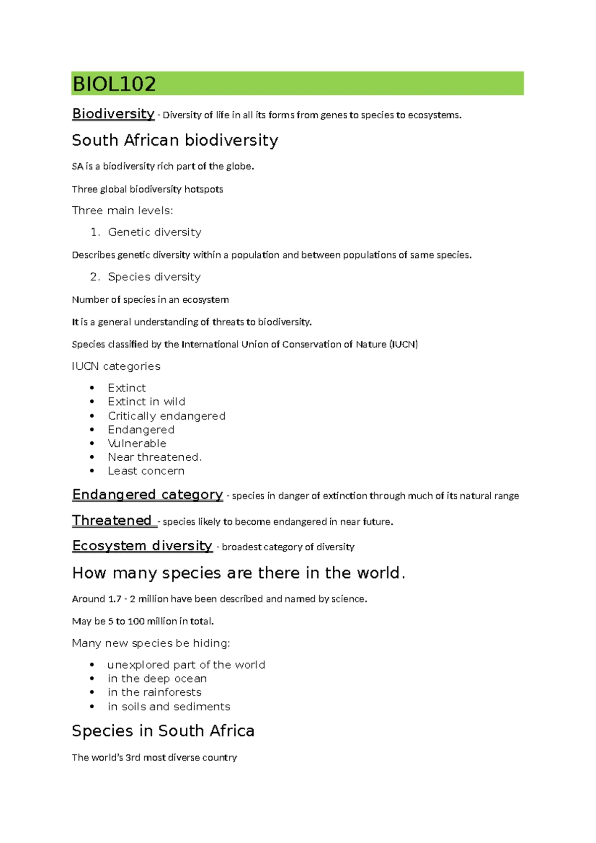 BIOL102 Ecology Part 2 - Biodiversity Overview and Ecosystem Services ...