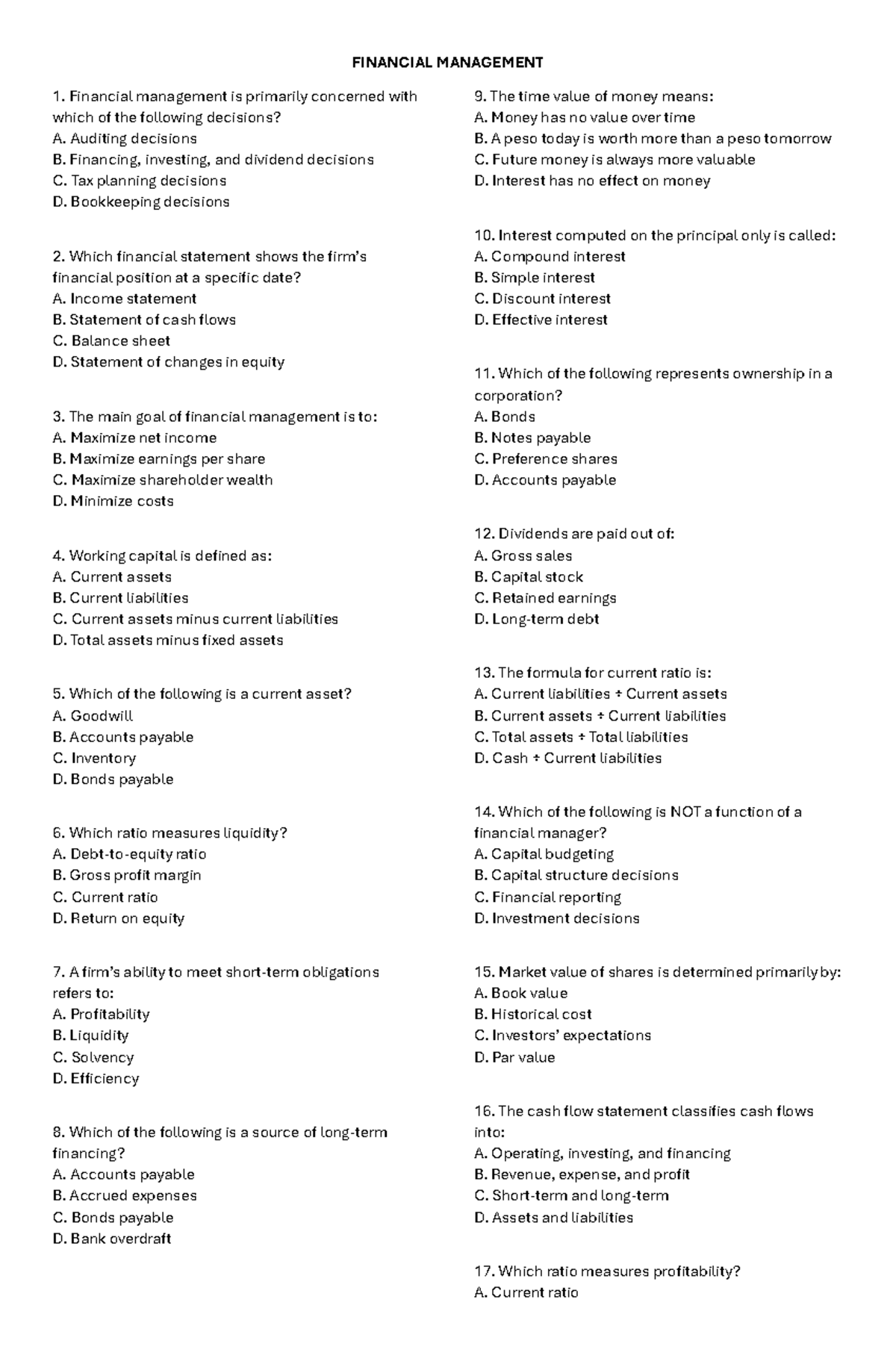 FIN 101: Financial Management Quiz Questions and Answers - Studocu