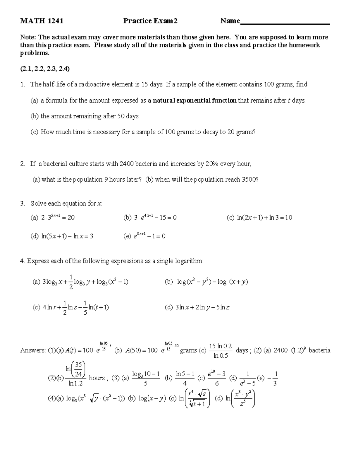 MATH 1241 Practice Exam 2: Key Concepts and Solutions - Studocu