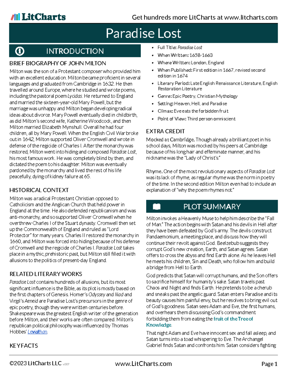 Paradise Lost (ENG 101) - Comprehensive Lit Chart Summary & Analysis ...