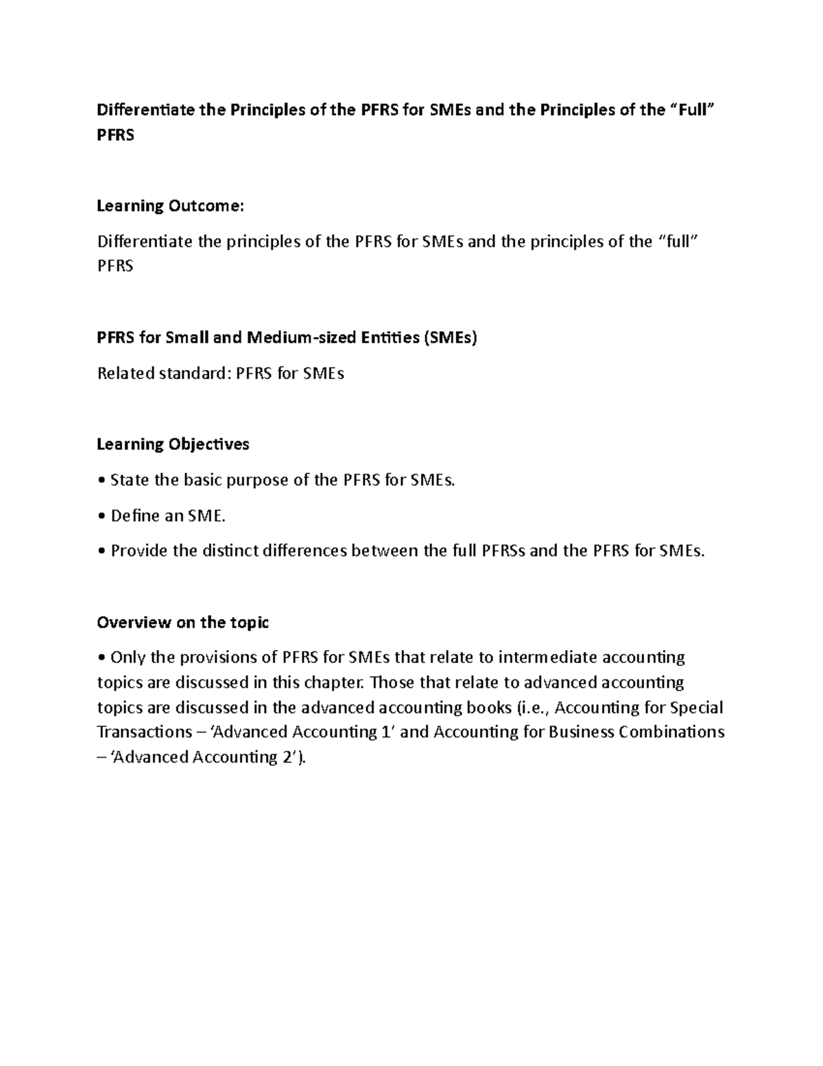 PFRS for SMEs: Distinctions from Full PFRS Principles Explained - Studocu