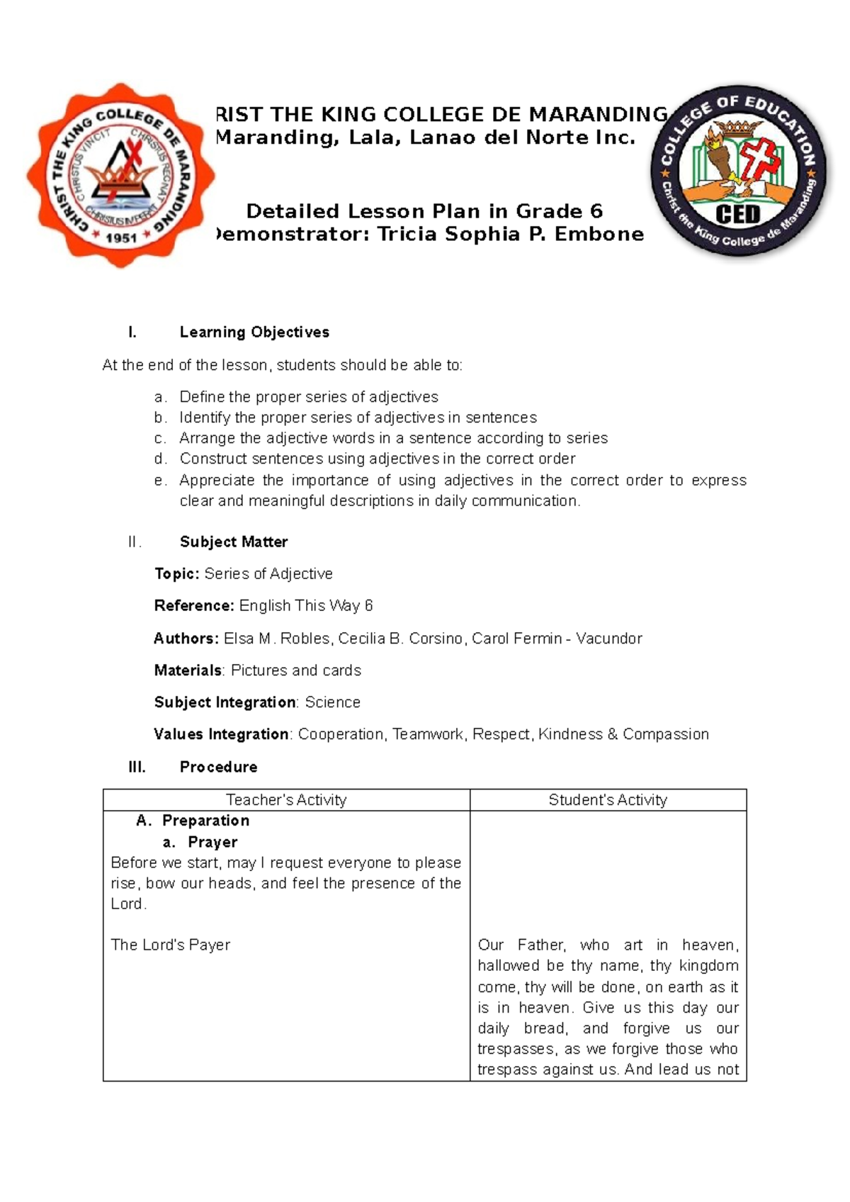 Detailed Lesson Plan on Series of Adjectives for Grade 6 - Studocu