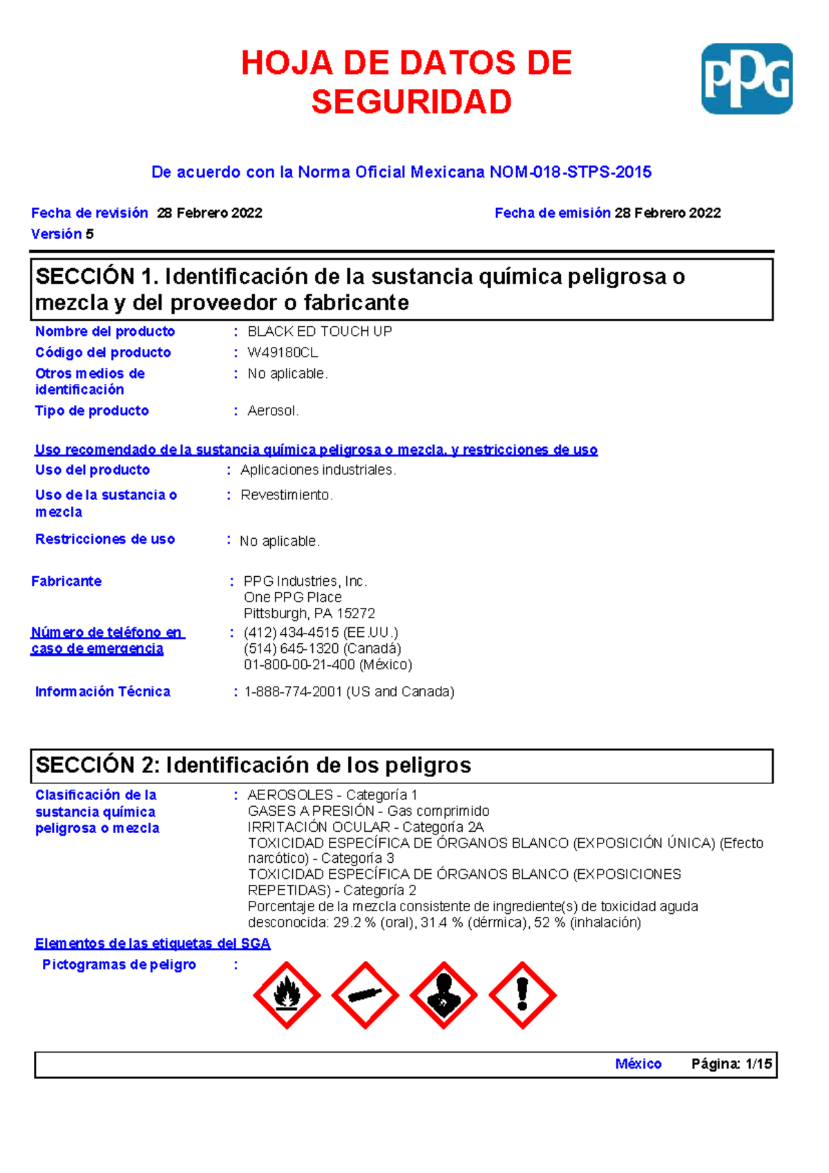 HOJA DE DATOS DE SEGURIDAD DEL PRODUCTO BLACK ED TOUCH UP W49180CL - Document Preview