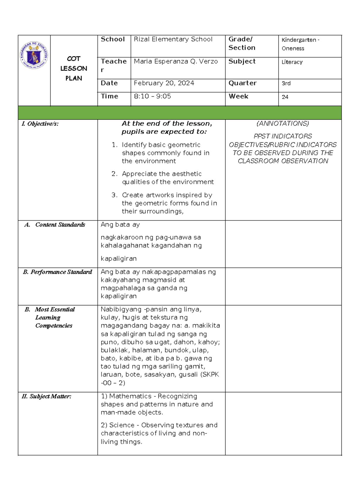 COT Lesson Plan: Kindergarten Literacy on Geometric Shapes - Studocu