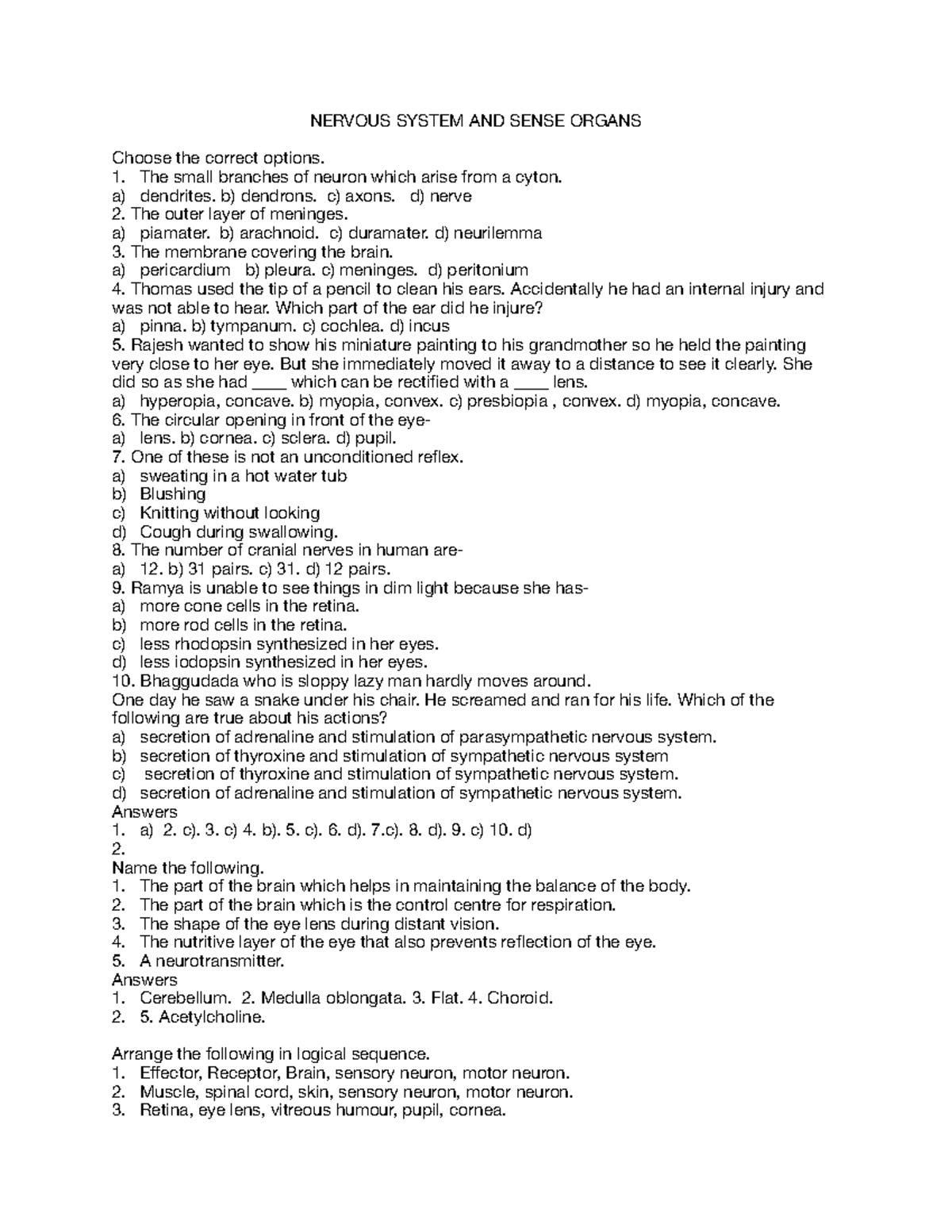 Nervous System and Sense Organs - Class Notes (Helpful) - Studocu