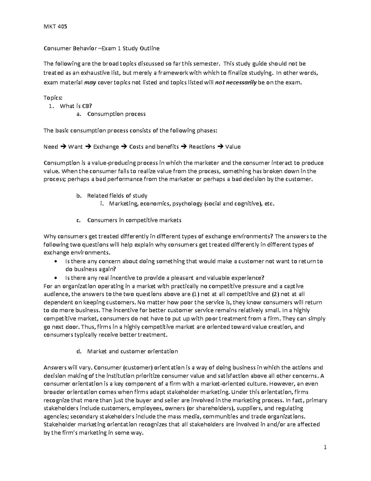 MKT 405 Consumer Behavior Exam 1 Study Guide Outline - Studocu