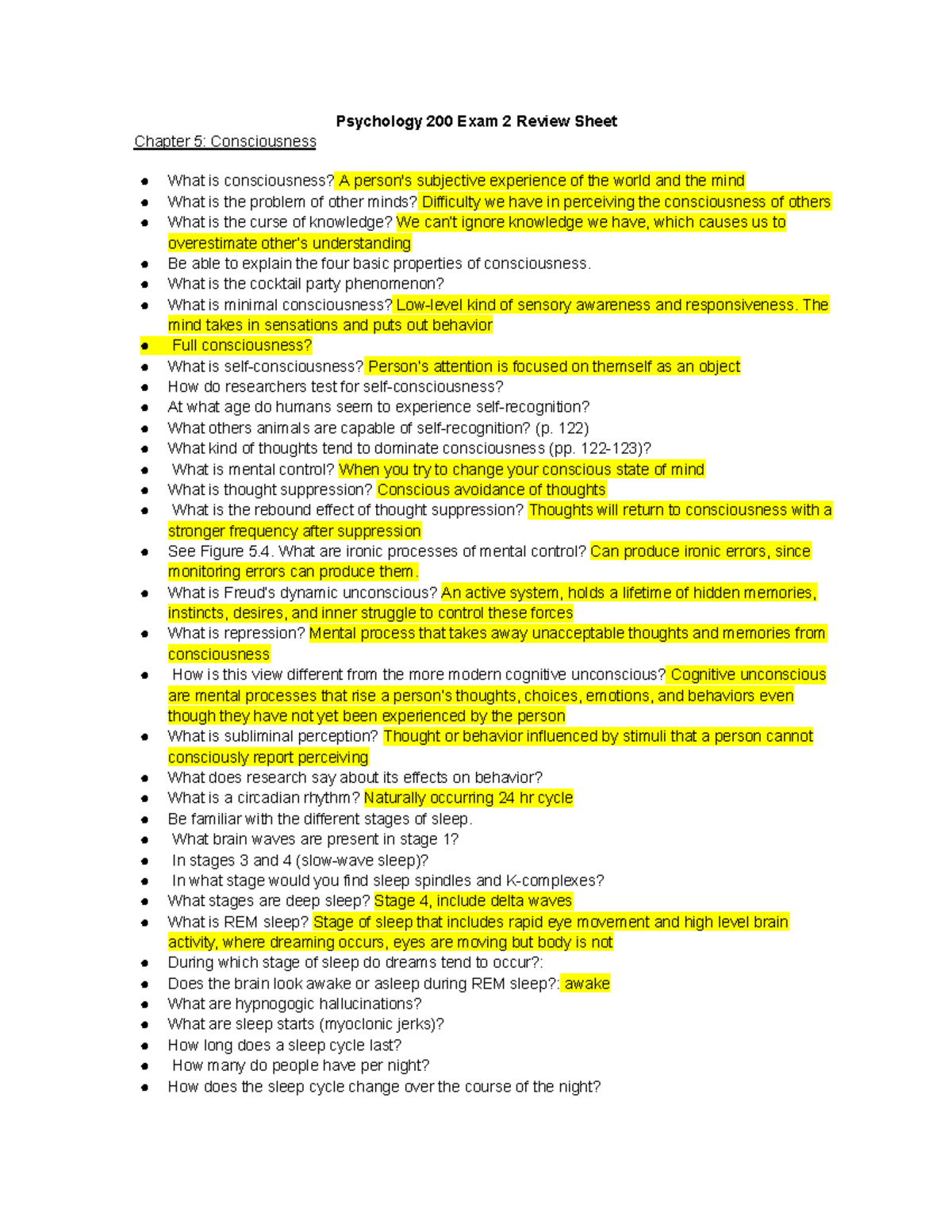 Psychology 200 Exam 2 Review Sheet: Consciousness & Memory Topics - Studocu