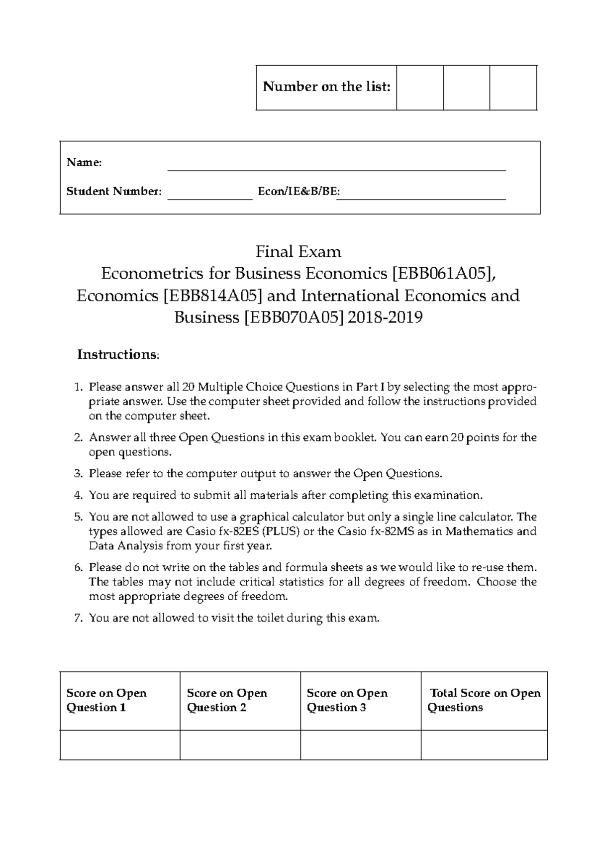 Final Exam - Econometrics for Business Economics [EBB061A05] - Studeersnel