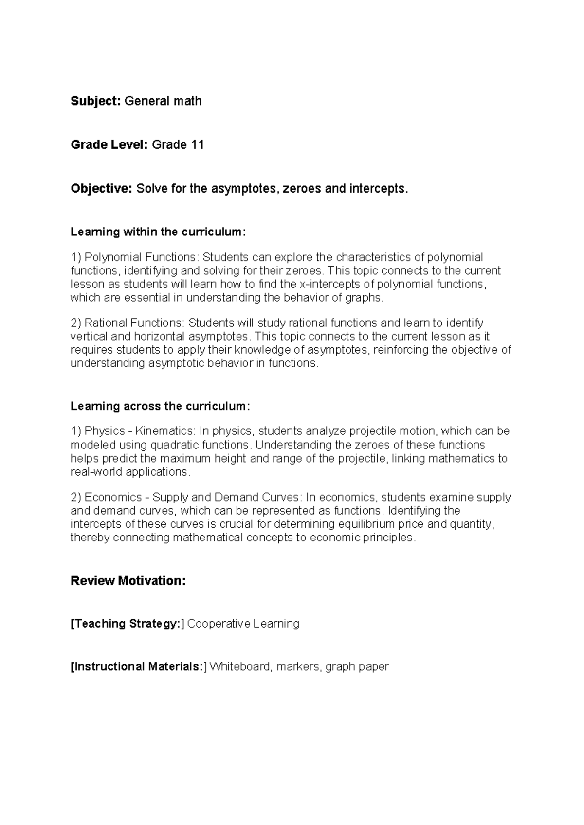 Lesson Plan - LP MATH: Exploring Asymptotes, Zeroes, & Intercepts in ...
