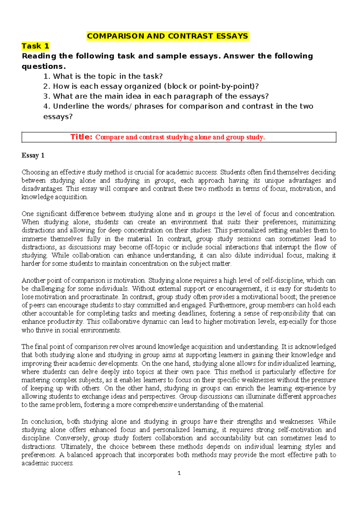 Comparison and Contrast Essay: Solo vs Group Study Methods (ENG 101 ...