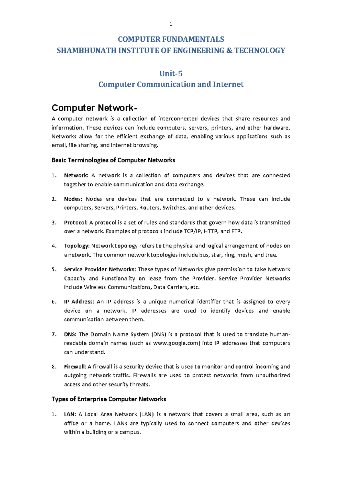 Computer Fundamentals Unit-5: Understanding Computer Networks and ...