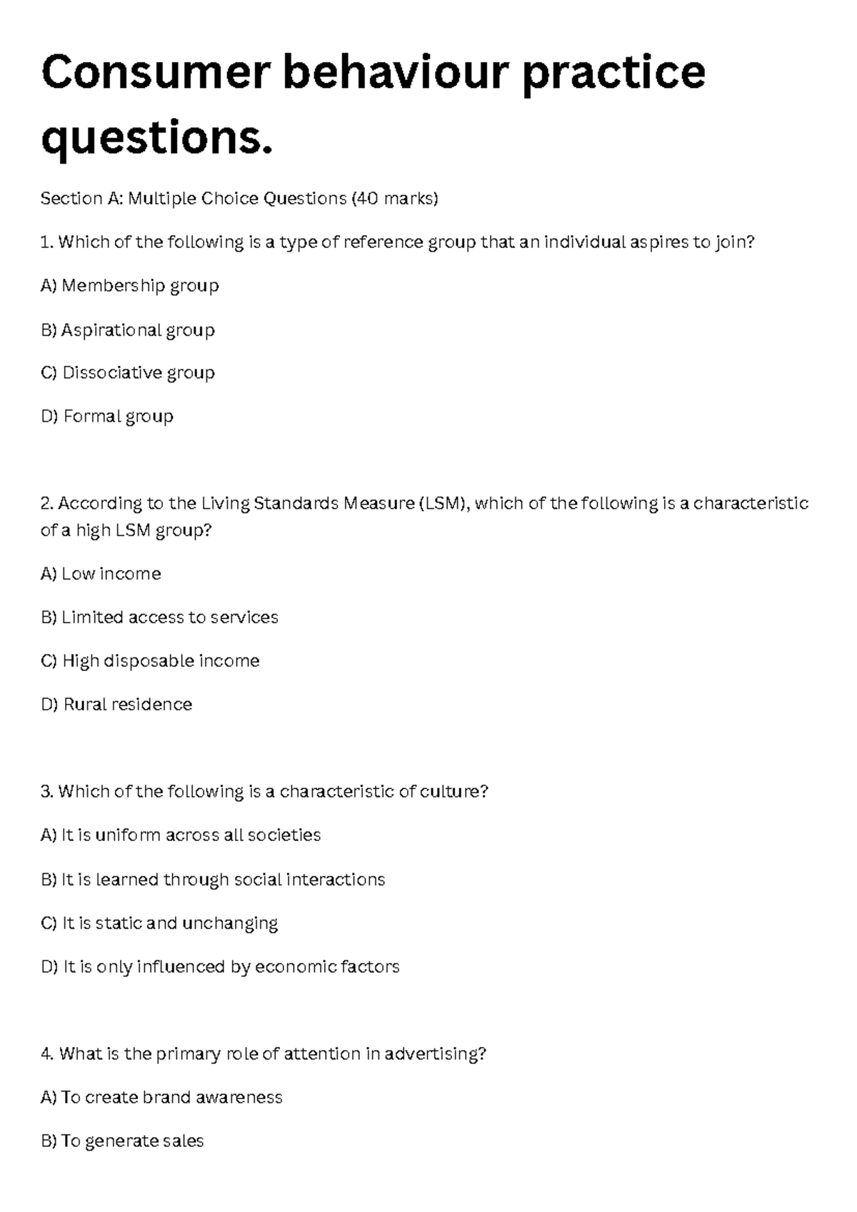 Consumer Behaviour Practice Questions - MCQs & Long Answer Guide - Studocu
