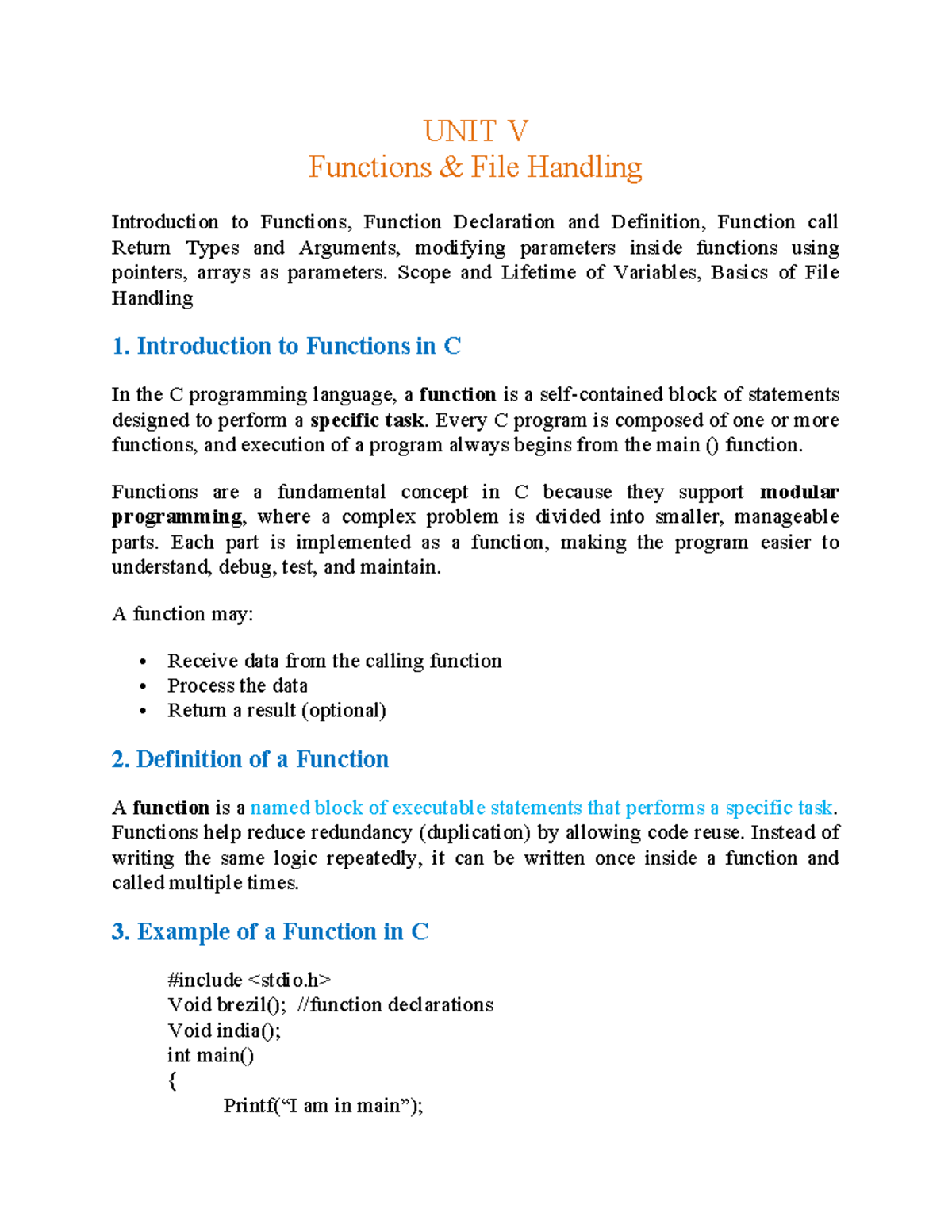 Unit V: CP Functions - Concepts of Function Handling in C - Studocu