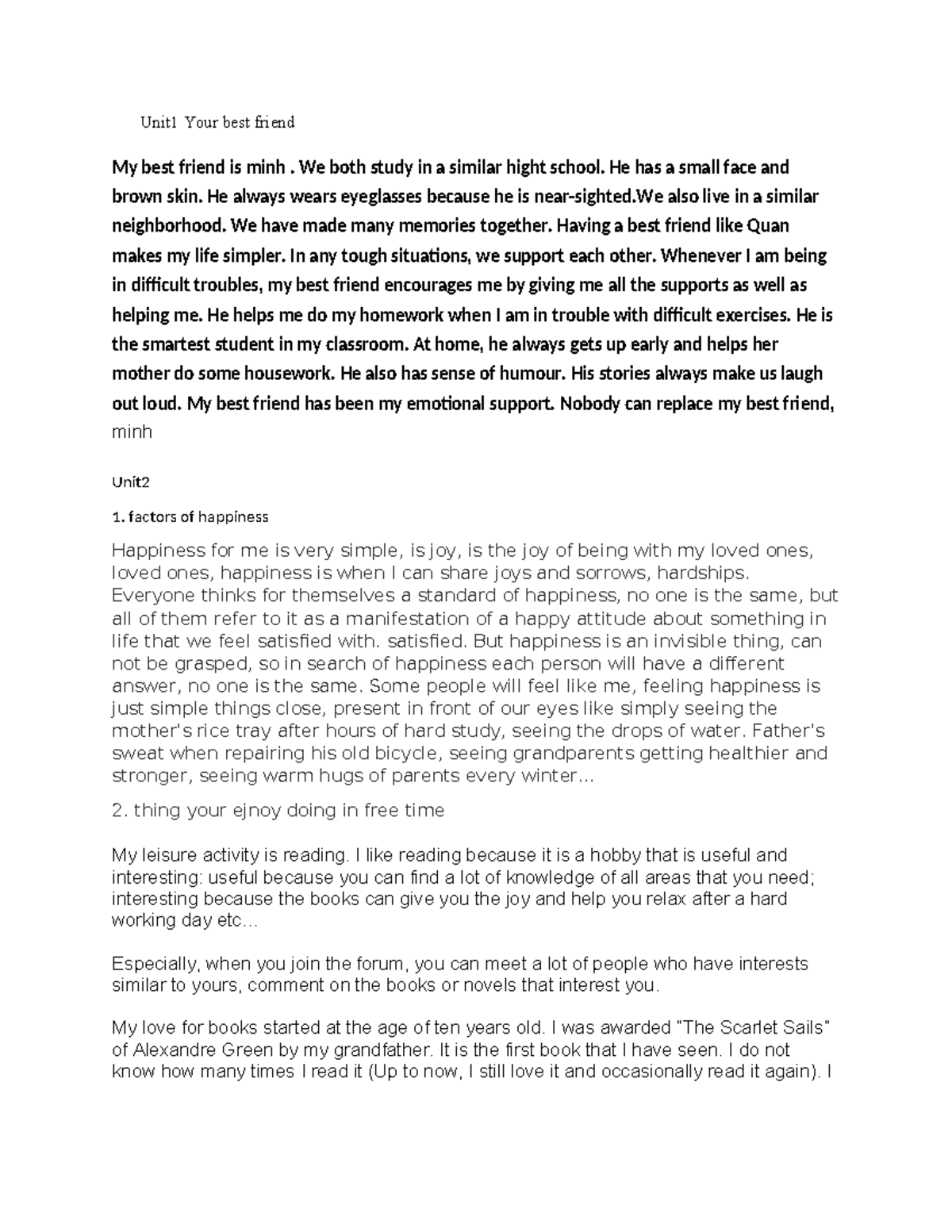Unit 1: My Best Friend and Factors of Happiness - Essay Notes - Studocu
