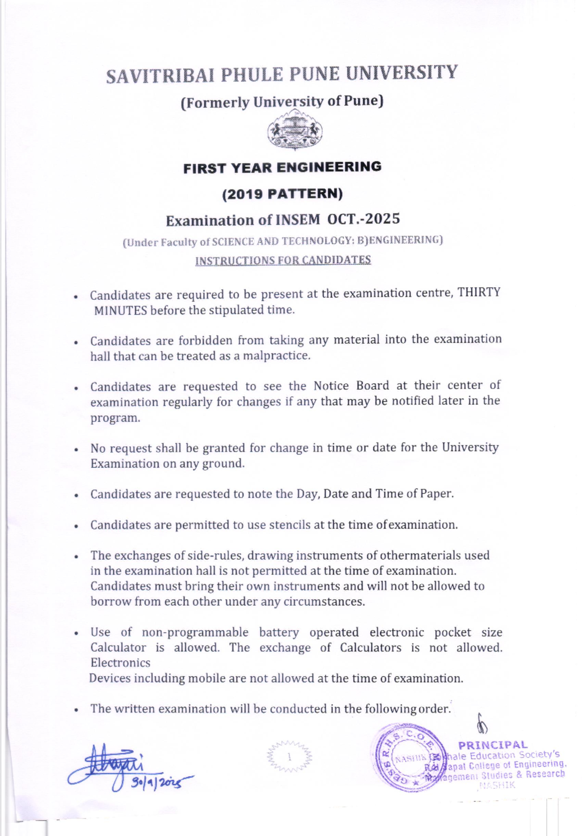 FE 2019 INSEM Exam Instructions & Timetable - Oct 2025 - Studocu