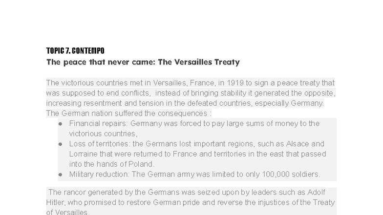 Topic 7: The Versailles Treaty and Its Aftermath in Contemp. History ...