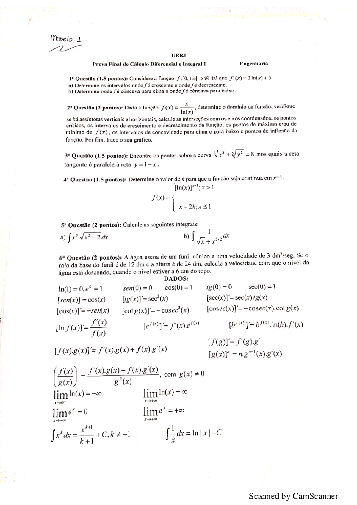 Provas - Pipipi - Mooels 1 UERJ Prova Final De Cálculo Diferencial E ...